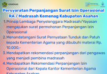 Persyaratan Perpanjangan Surat Izin Operasional RA / Madrasah Kemenag Kabupaten Asahan